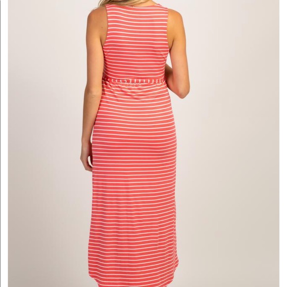 Coral Striped Hi-Low Maternity Wrap Dress - Picture 3 of 5
